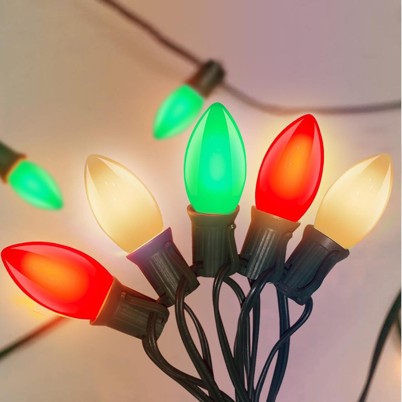 Red White and Green Christmas Lights Outdoor, 25Ft Vintage Christmas String Lights with 26 Multicolor Ceramic Bulbs, Hanging Christmas Decorations Lights Waterproof